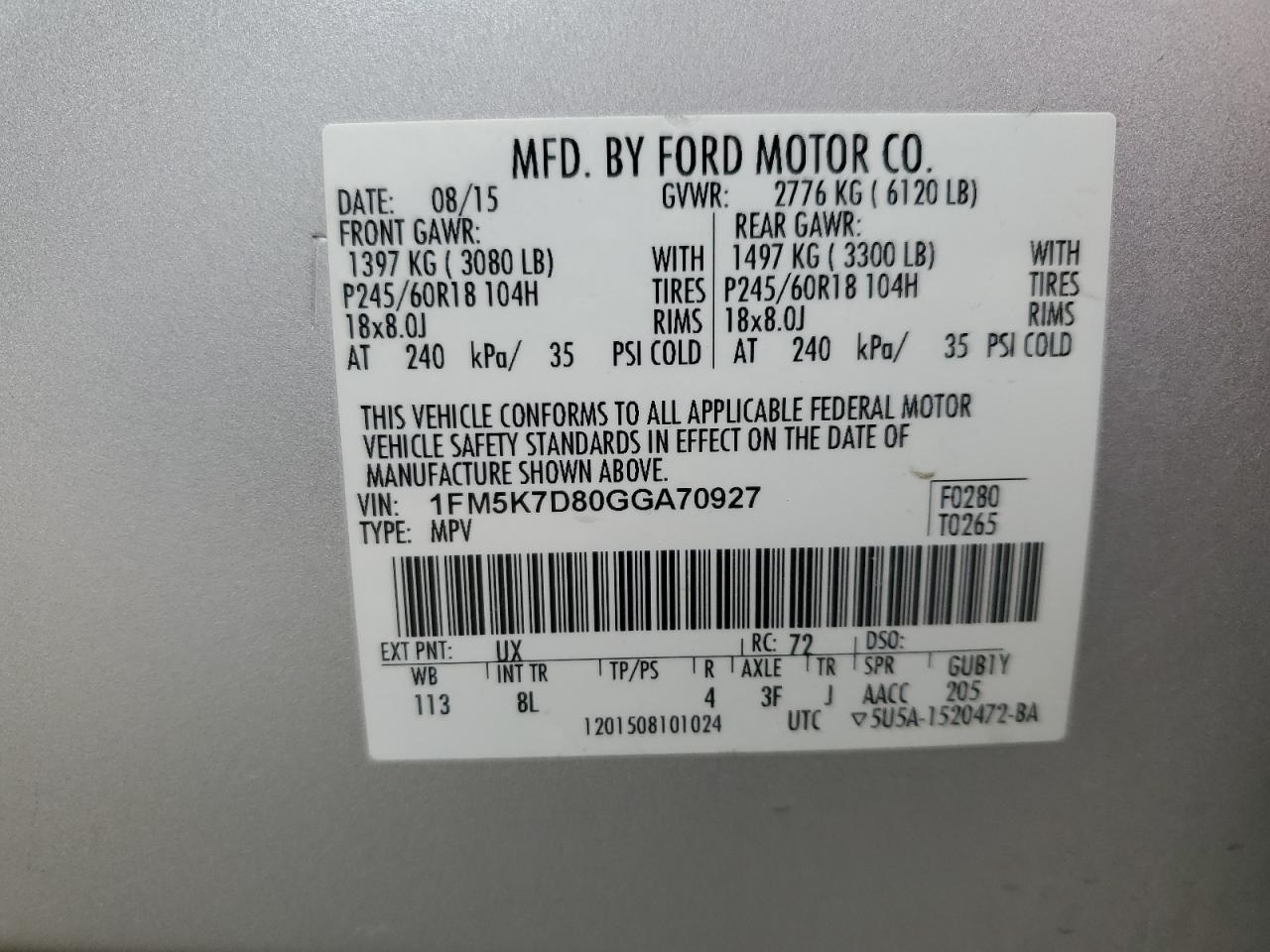 2016 Ford Explorer Xlt VIN: 1FM5K7D80GGA70927 Lot: 81635695