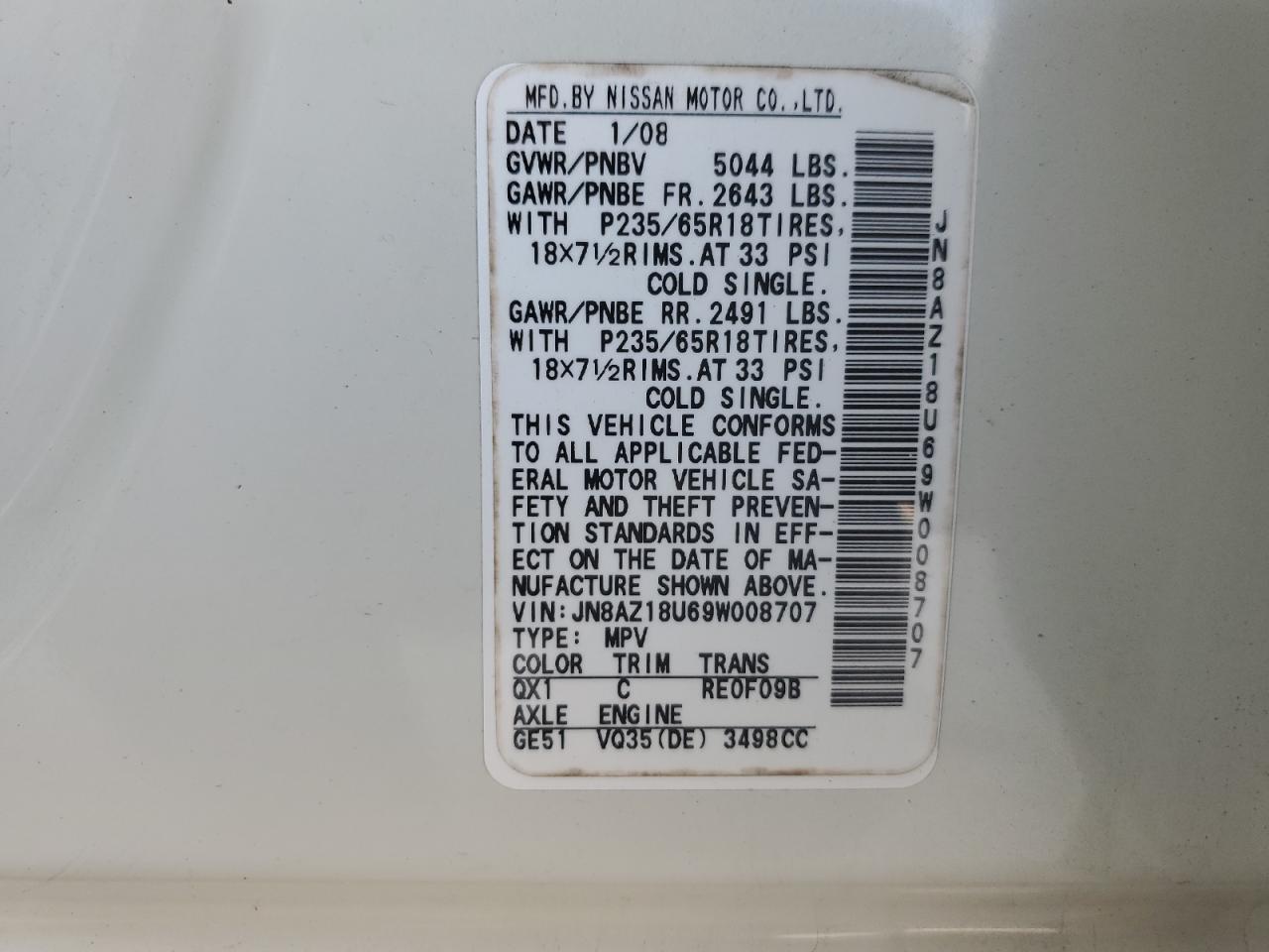 2009 Nissan Murano S VIN: JN8AZ18U69W008707 Lot: 82026105