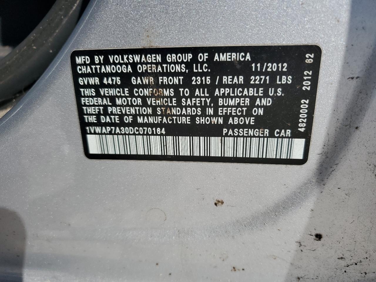 2013 Volkswagen Passat S VIN: 1VWAP7A30DC070164 Lot: 71364915