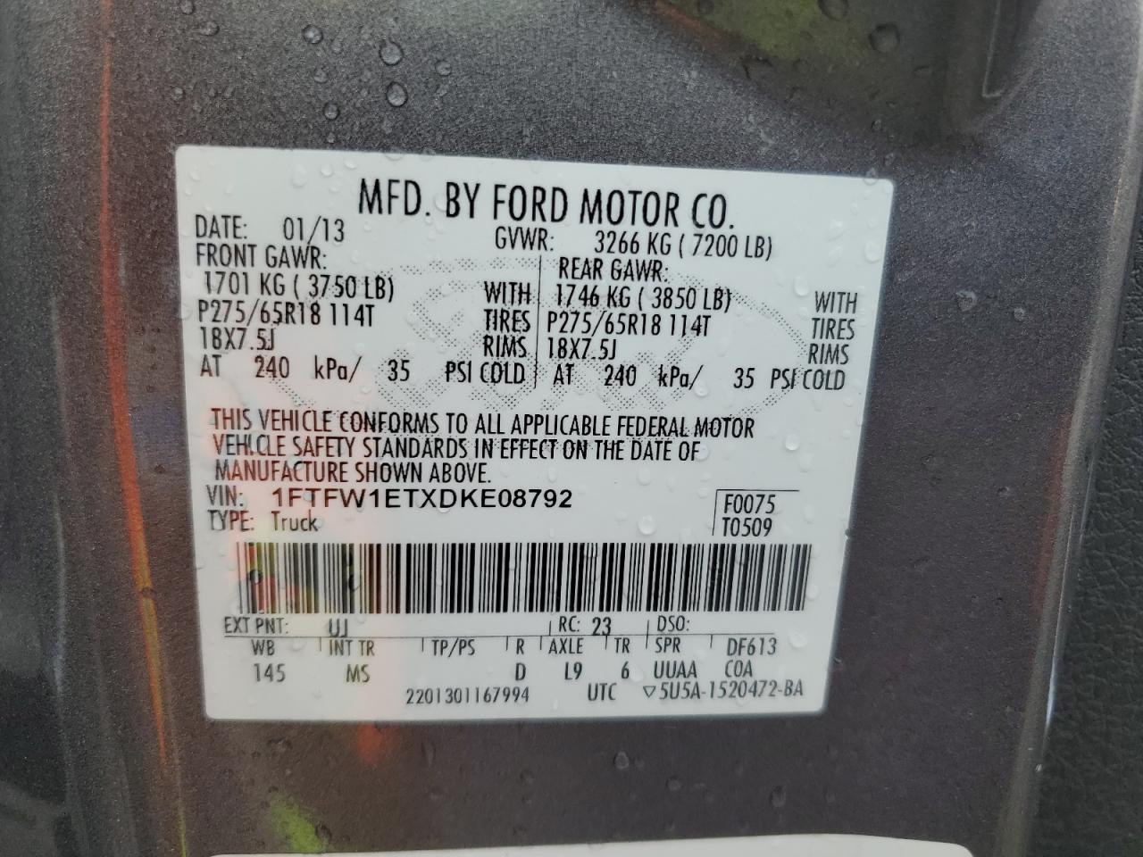 2013 Ford F150 Supercrew VIN: 1FTFW1ETXDKE08792 Lot: 81501155