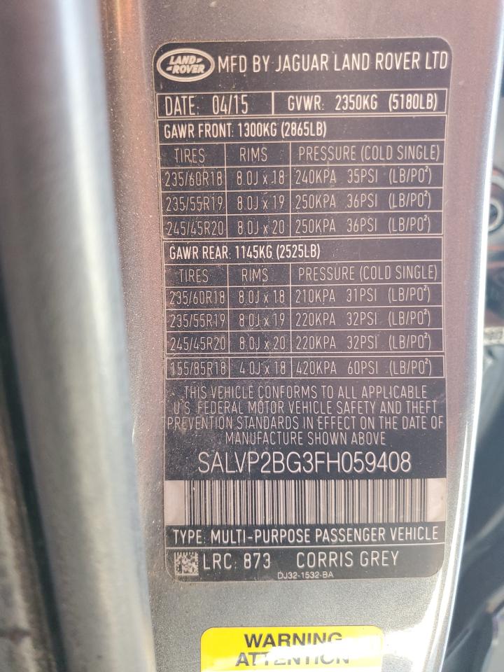 2015 Land Rover Range Rover Evoque Pure Plus VIN: SALVP2BG3FH059408 Lot: 71689595