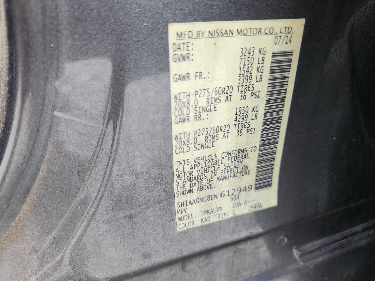 2014 Nissan Armada Sv VIN: 5N1AA0ND8EN612949 Lot: 81179595