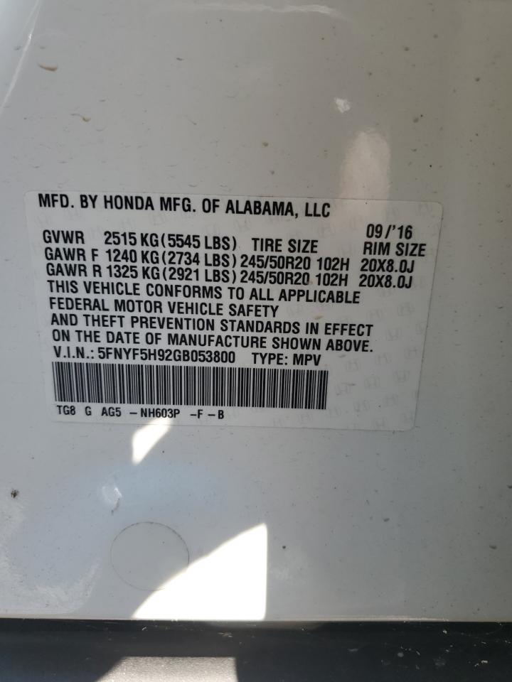 2016 Honda Pilot Touring VIN: 5FNYF5H92GB053800 Lot: 69470475