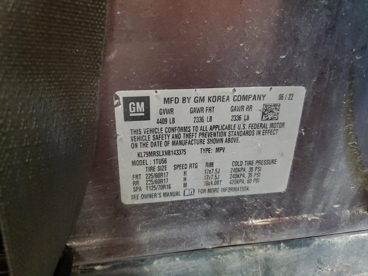 2022 Chevrolet Trailblazer Lt VIN: KL79MRSLXNB143375 Lot: 81121105