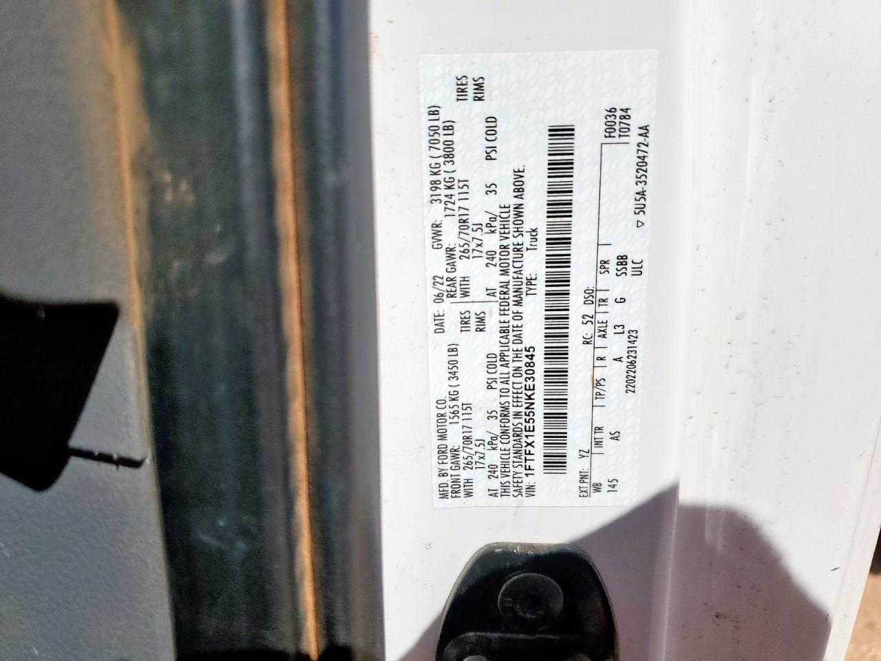 2022 Ford F150 Super Cab VIN: 1FTFX1E55NKE30845 Lot: 80282055