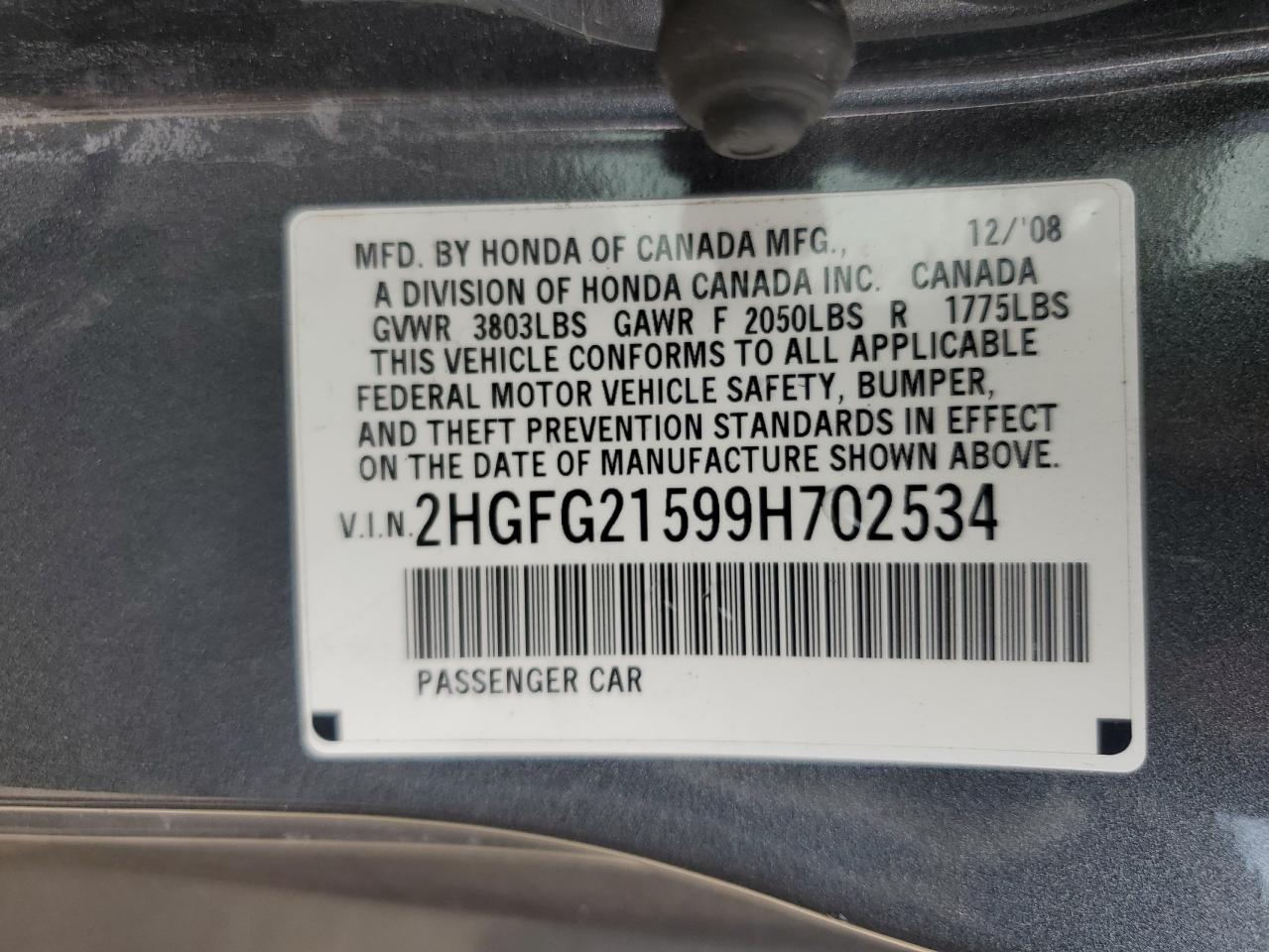 2009 Honda Civic Si VIN: 2HGFG21599H702534 Lot: 80914265