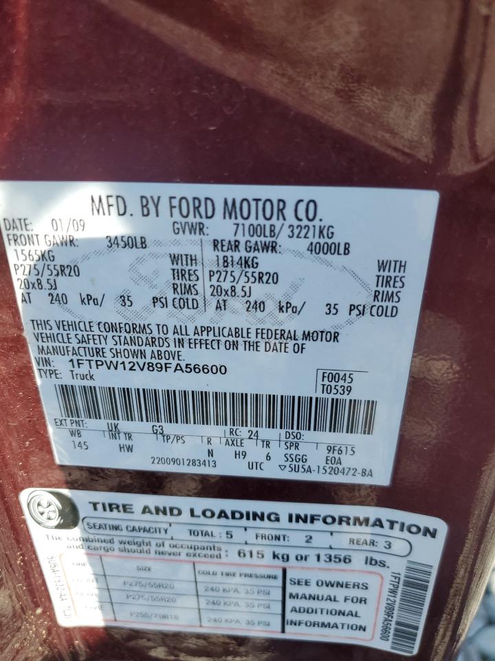 2009 Ford F150 Supercrew VIN: 1FTPW12V89FA56600 Lot: 71600245