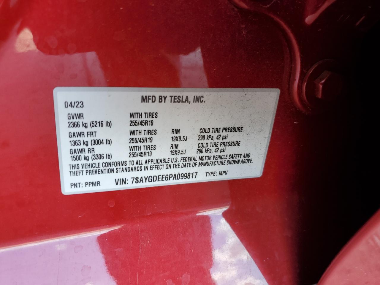 2023 Tesla Model Y VIN: 7SAYGDEE6PA099817 Lot: 72095715