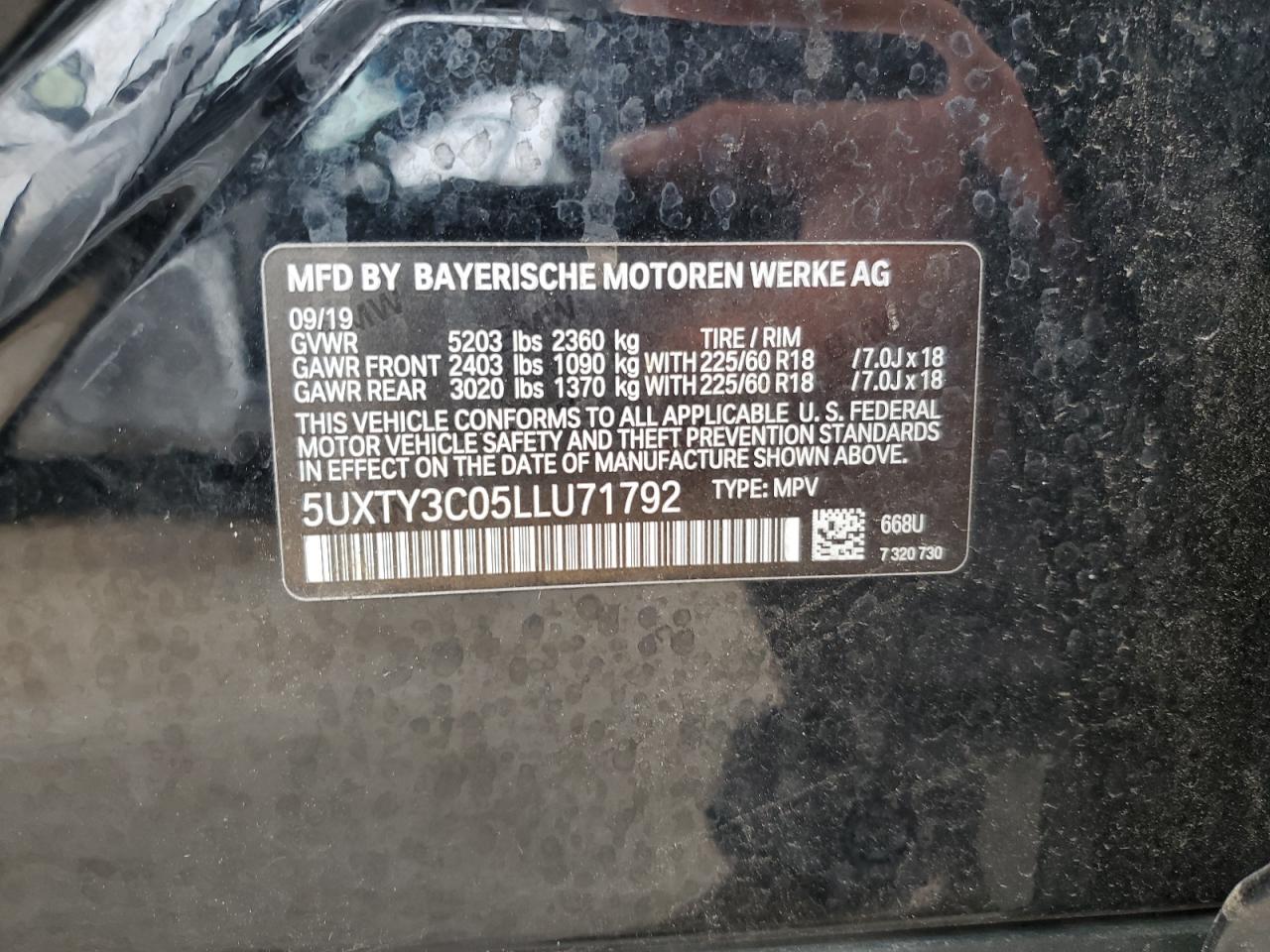 2020 BMW X3 Sdrive30I VIN: 5UXTY3C05LLU71792 Lot: 83768145