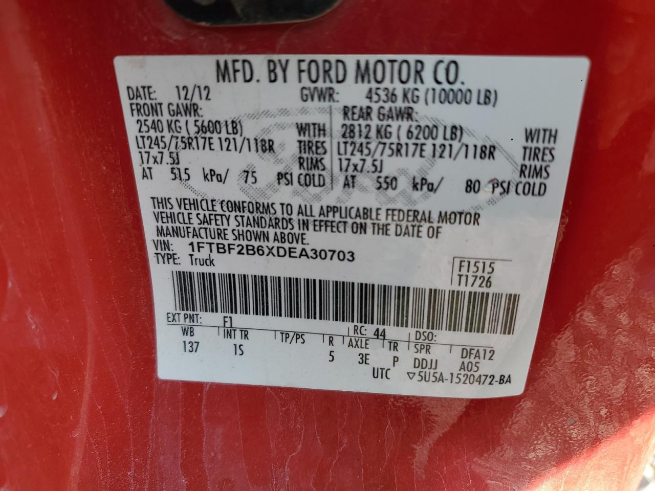 2013 Ford F250 Super Duty VIN: 1FTBF2B6XDEA30703 Lot: 72008185