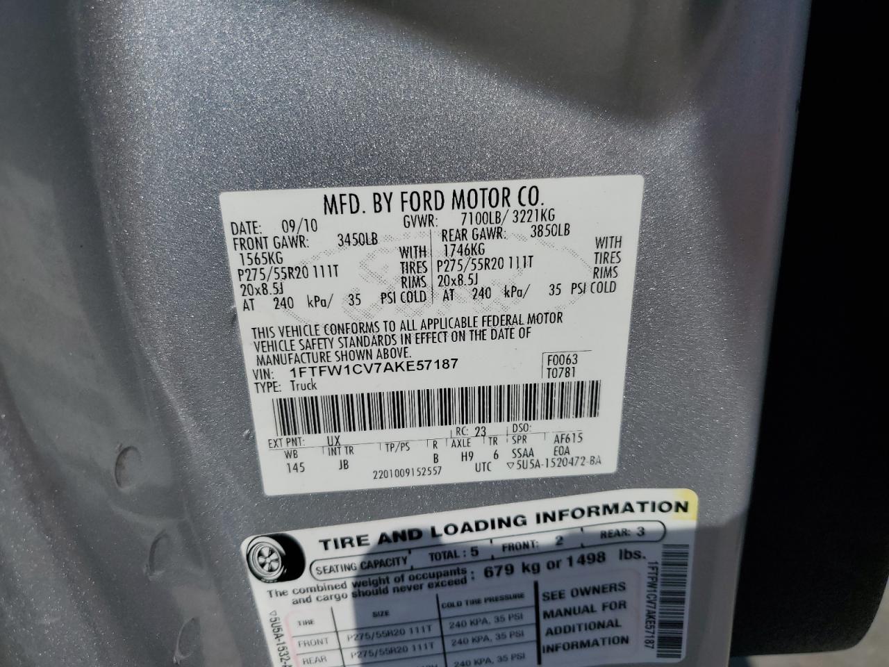 2010 Ford F150 Supercrew VIN: 1FTFW1CV7AKE57187 Lot: 80679755