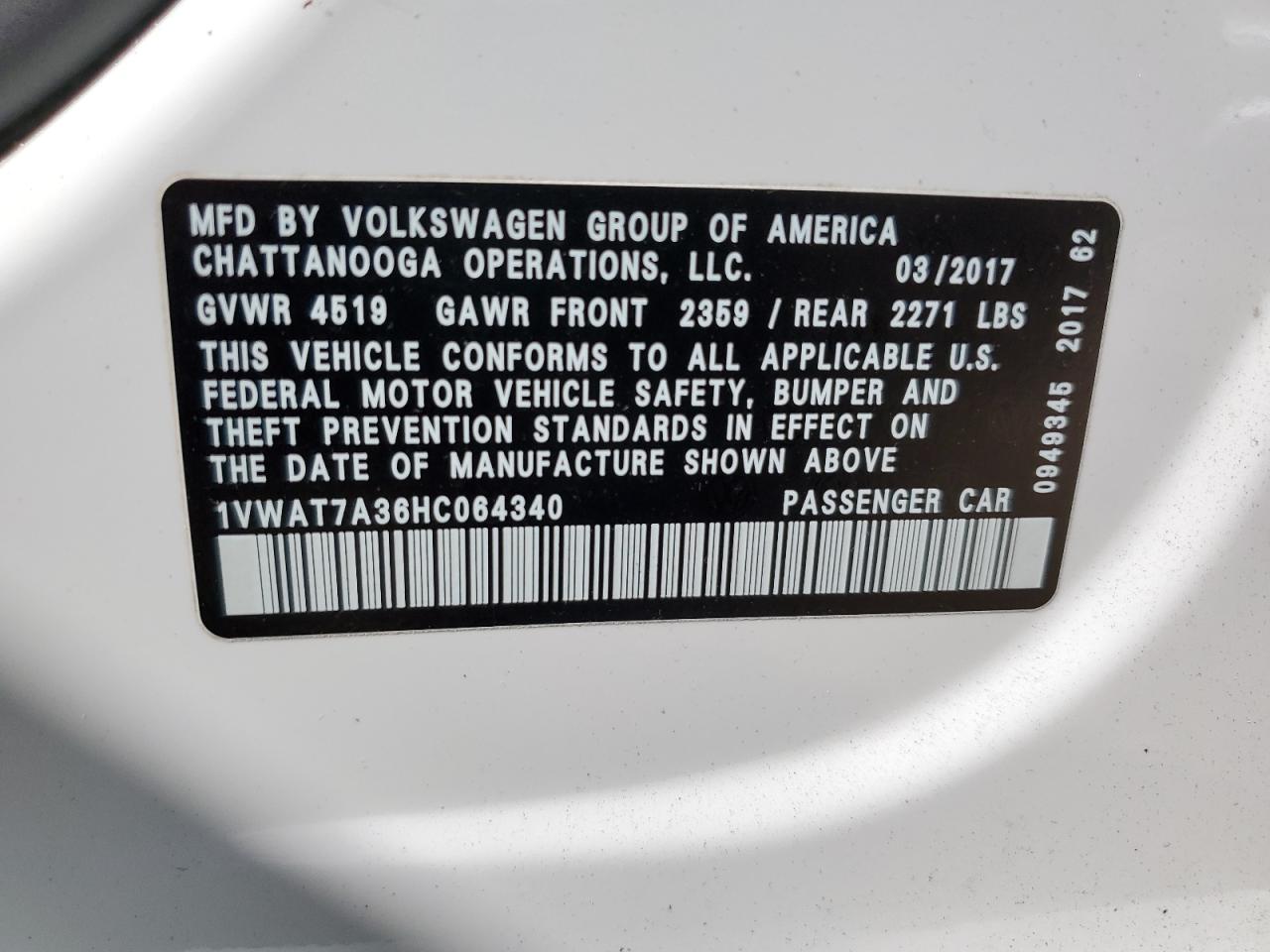 2017 Volkswagen Passat S VIN: 1VWAT7A36HC064340 Lot: 71635605