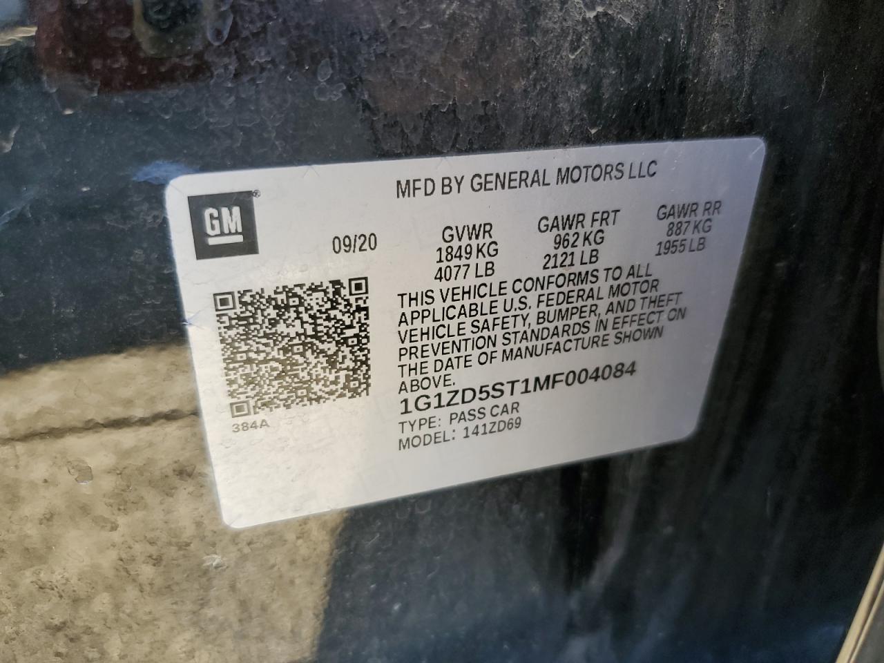 2021 Chevrolet Malibu Lt VIN: 1G1ZD5ST1MF004084 Lot: 81817635