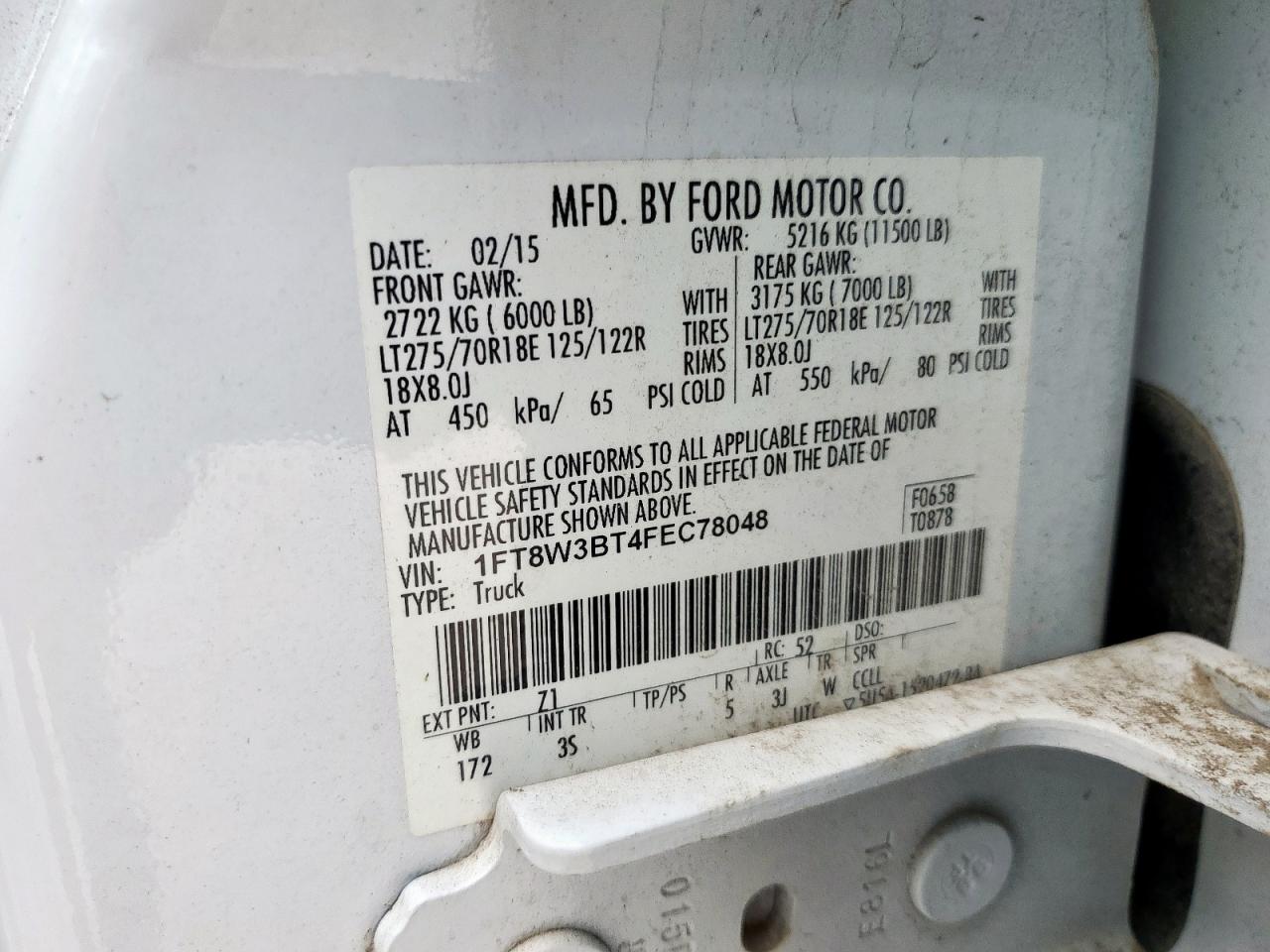 2015 Ford F350 Super Duty VIN: 1FT8W3BT4FEC78048 Lot: 80737035