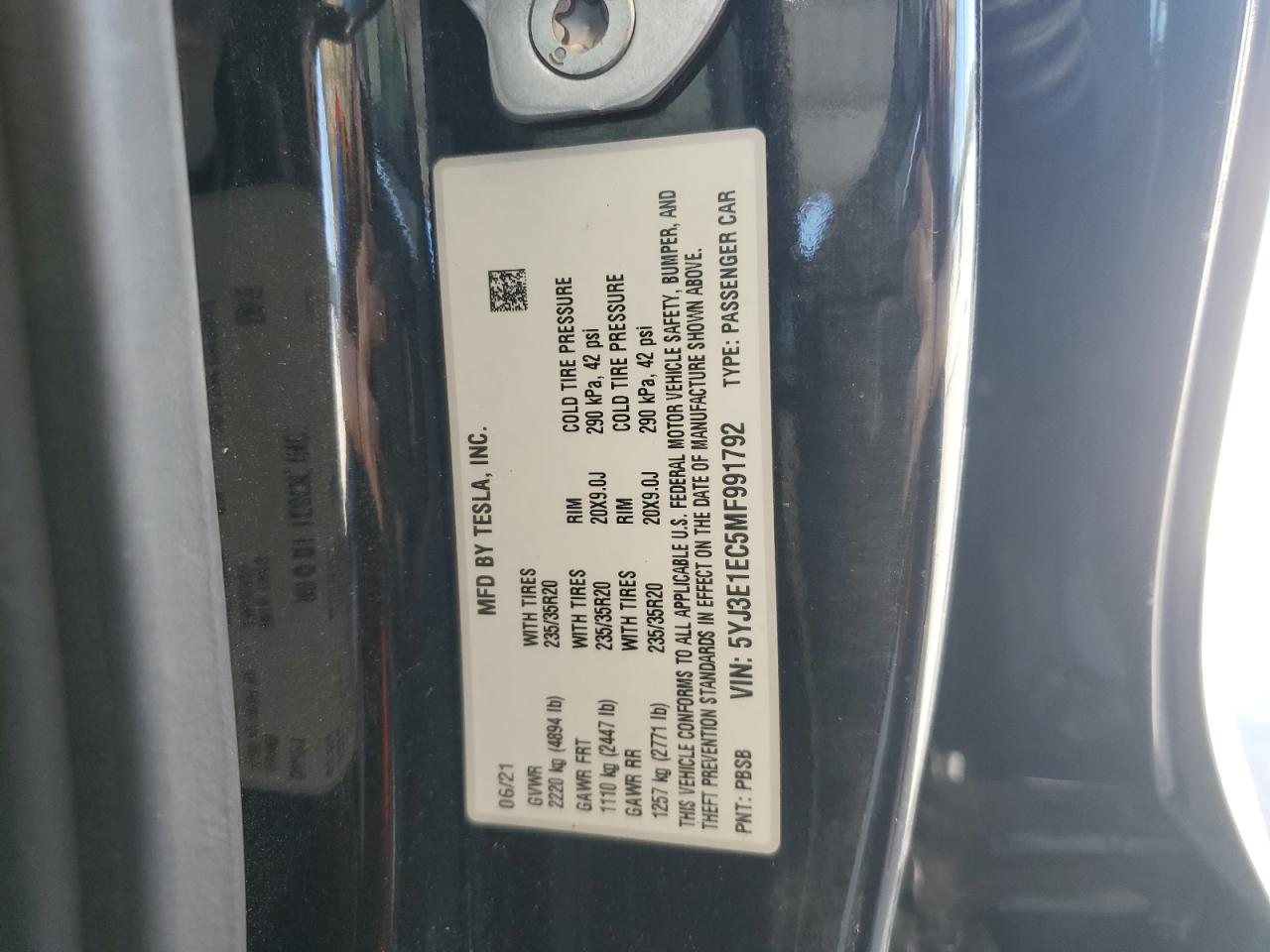 2021 Tesla Model 3 VIN: 5YJ3E1EC5MF991792 Lot: 72089445