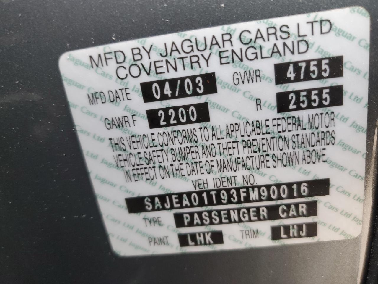 2003 Jaguar S-Type VIN: SAJEA01T93FM90016 Lot: 81160385