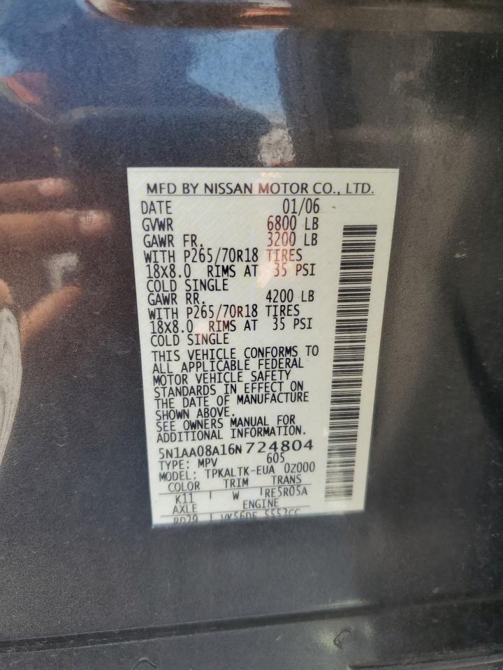 2006 Nissan Armada Se VIN: 5N1AA08A16N724804 Lot: 70778965