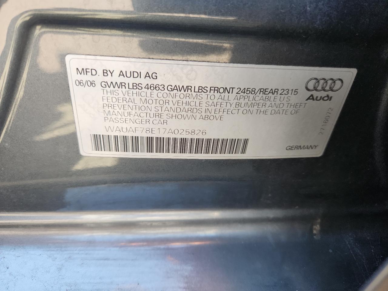 2007 Audi A4 2 VIN: WAUAF78E17A025826 Lot: 81708705