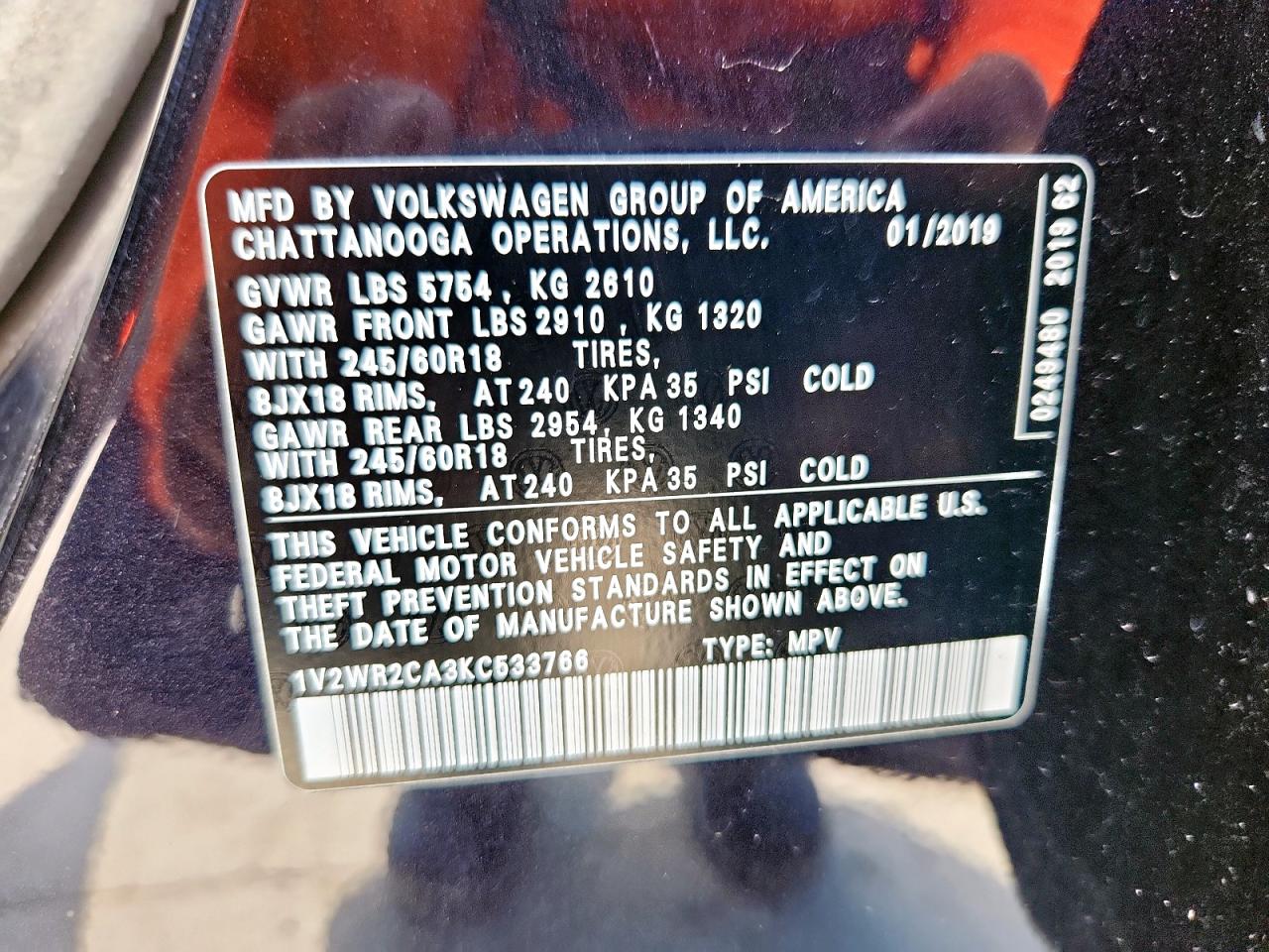 2019 Volkswagen Atlas Se VIN: 1V2WR2CA3KC533766 Lot: 84045925