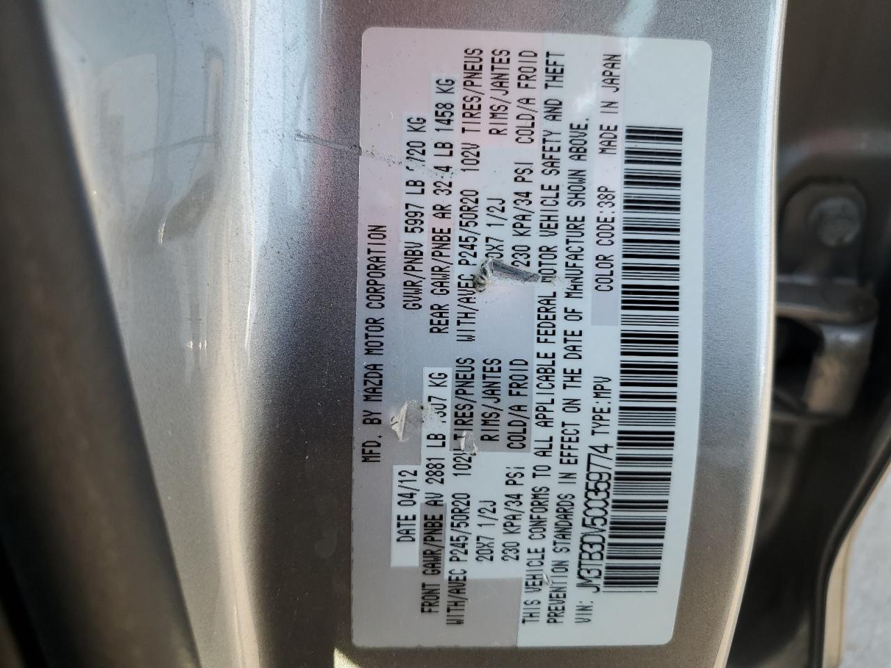 2012 Mazda Cx-9 VIN: JM3TB3DV5C0359774 Lot: 80317755