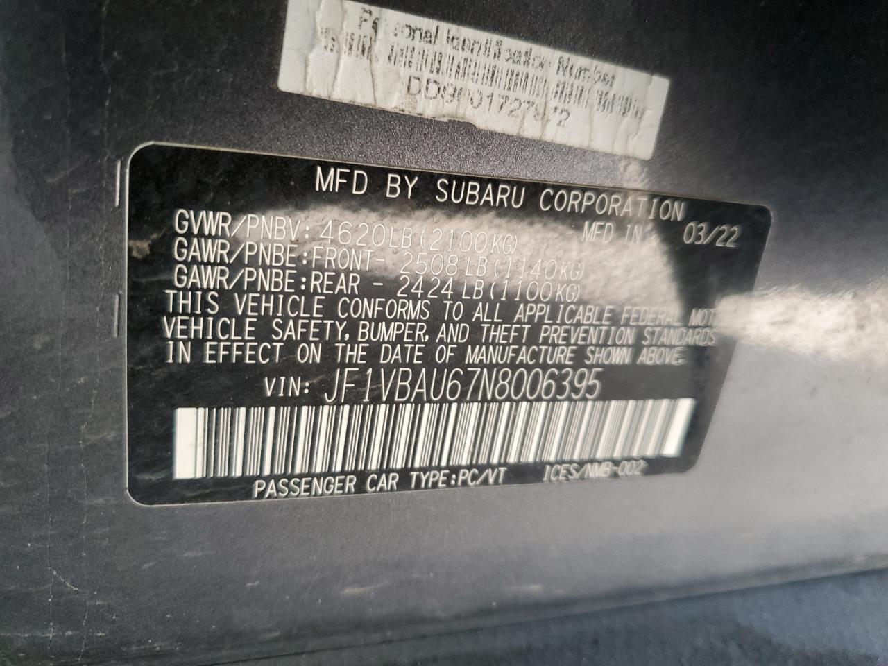 2022 Subaru Wrx Gt VIN: JF1VBAU67N8006395 Lot: 80677815