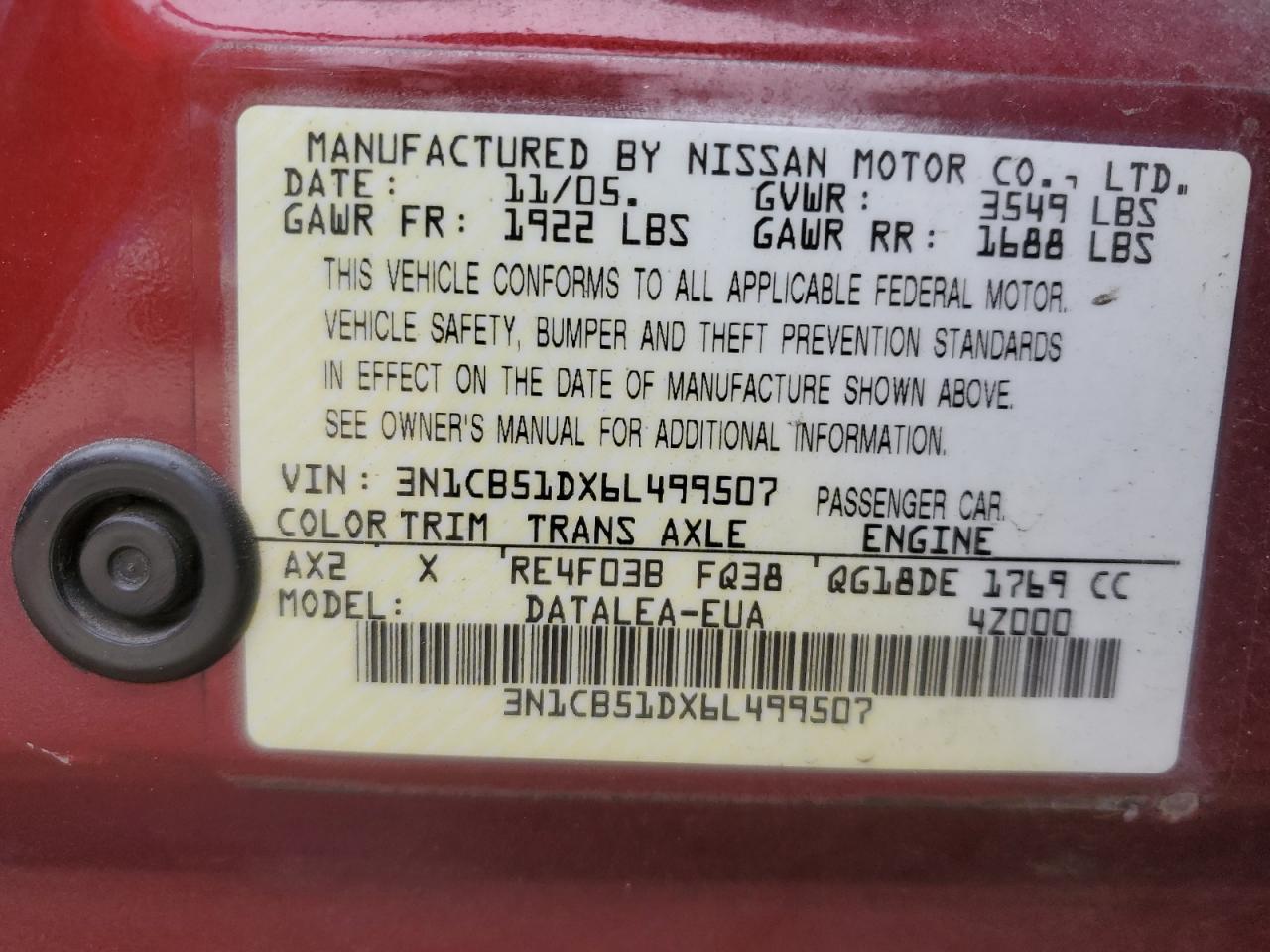 2006 Nissan Sentra 1.8 VIN: 3N1CB51DX6L499507 Lot: 84542555