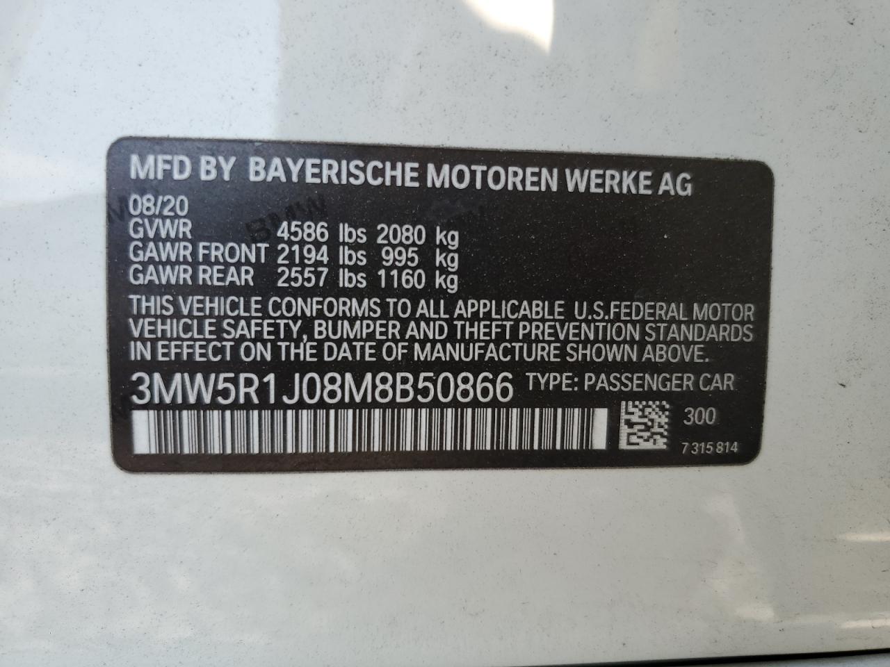 2021 BMW 330I VIN: 3MW5R1J08M8B50866 Lot: 81101845
