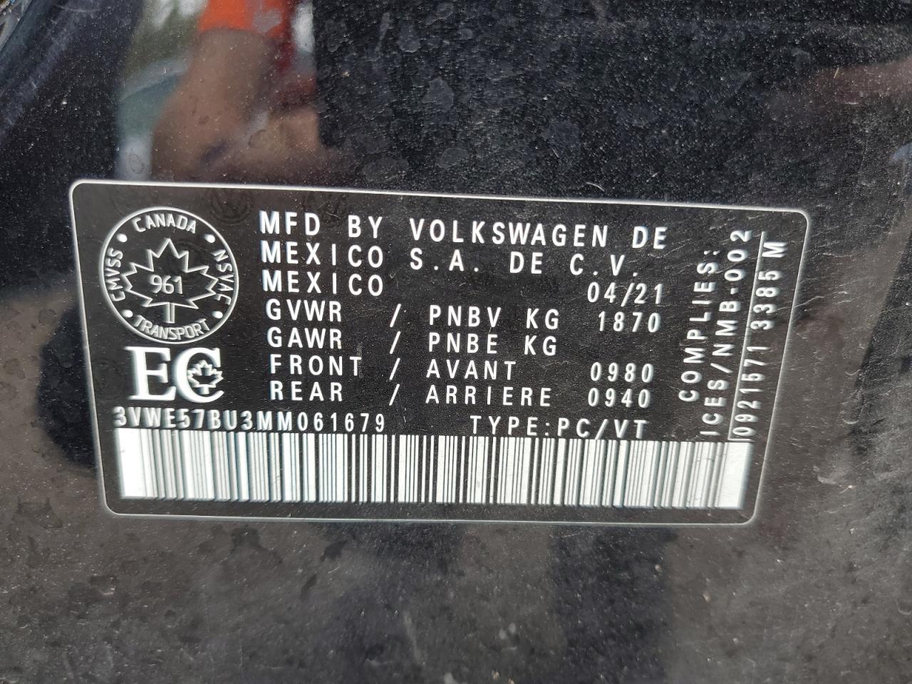 2021 Volkswagen Jetta Sel VIN: 3VWE57BU3MM061679 Lot: 81564425