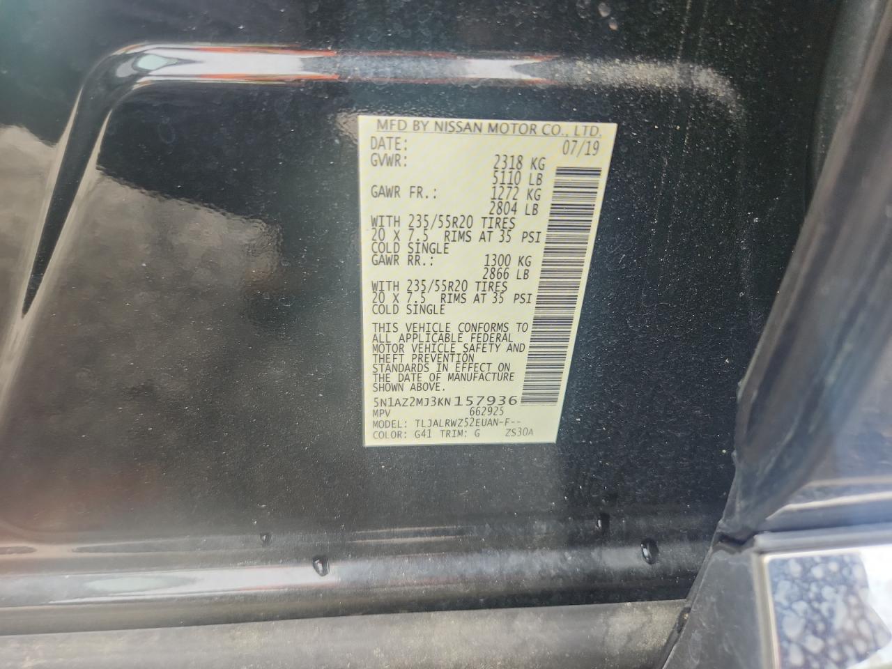 2019 Nissan Murano S VIN: 5N1AZ2MJ3KN157936 Lot: 84356195