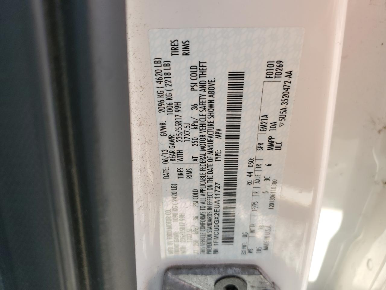 2014 Ford Escape Se VIN: 1FMCU0GX2EUA11727 Lot: 81934705