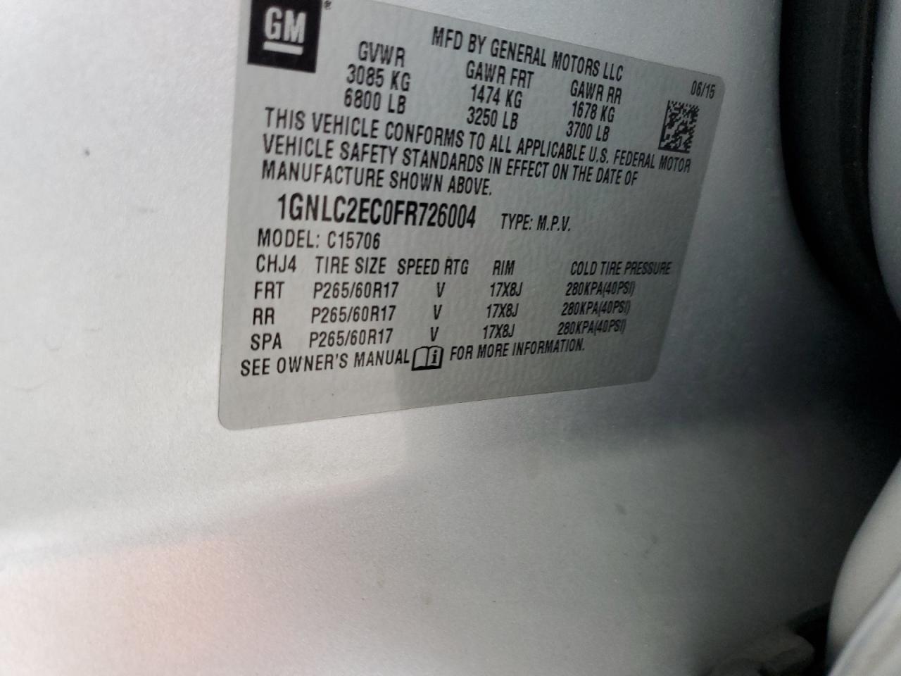 2015 Chevrolet Tahoe Police VIN: 1GNLC2EC0FR726004 Lot: 72064115