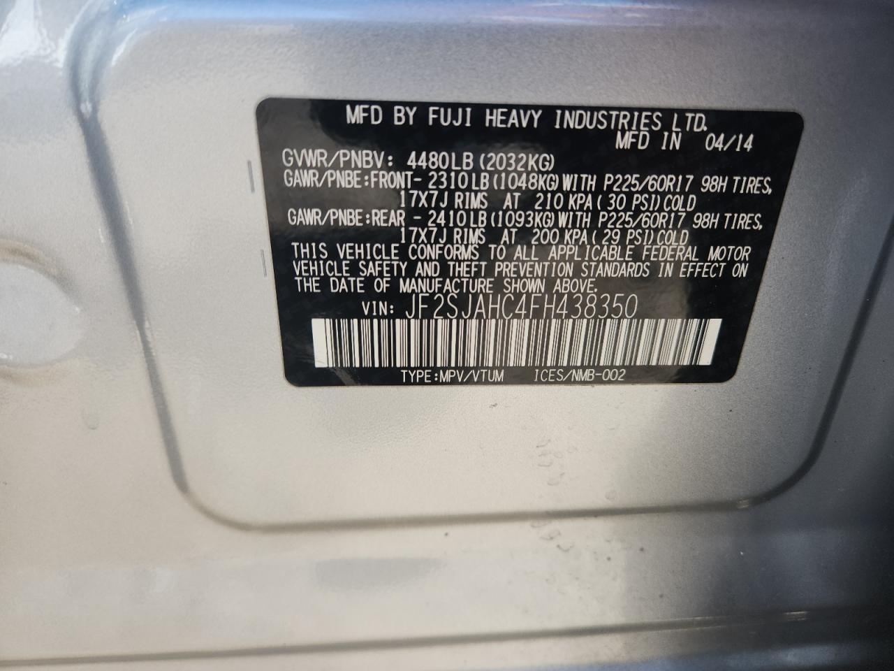 2015 Subaru Forester 2.5I Limited VIN: JF2SJAHC4FH438350 Lot: 81796805