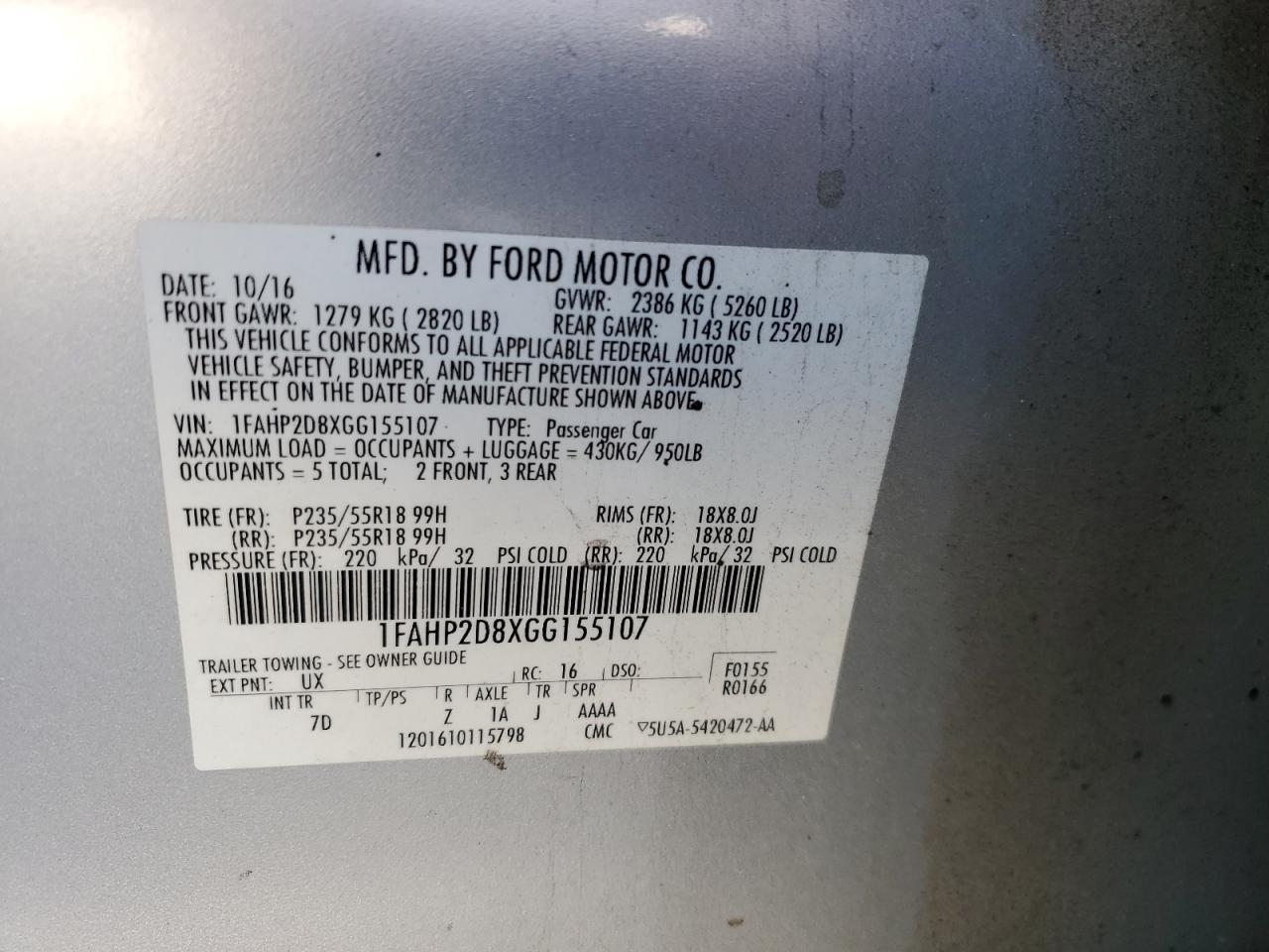 2016 Ford Taurus Se VIN: 1FAHP2D8XGG155107 Lot: 71970325