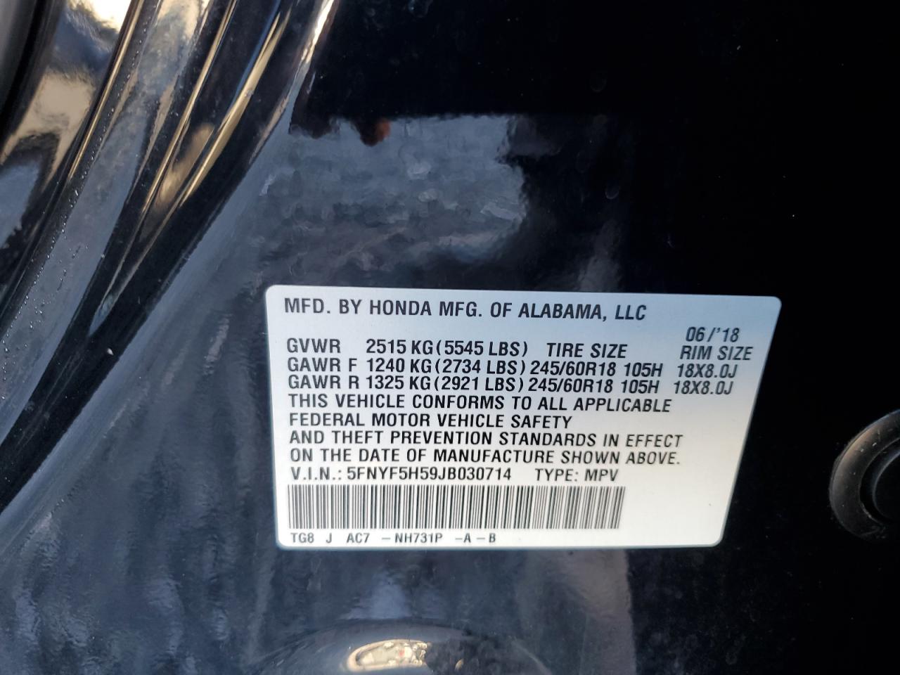 2018 Honda Pilot Exl VIN: 5FNYF5H59JB030714 Lot: 81754605