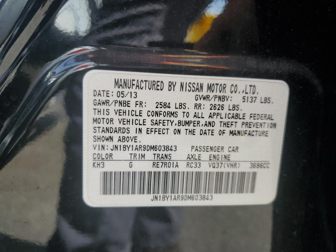 2013 Infiniti M37 X VIN: JN1BY1AR9DM603843 Lot: 81827915