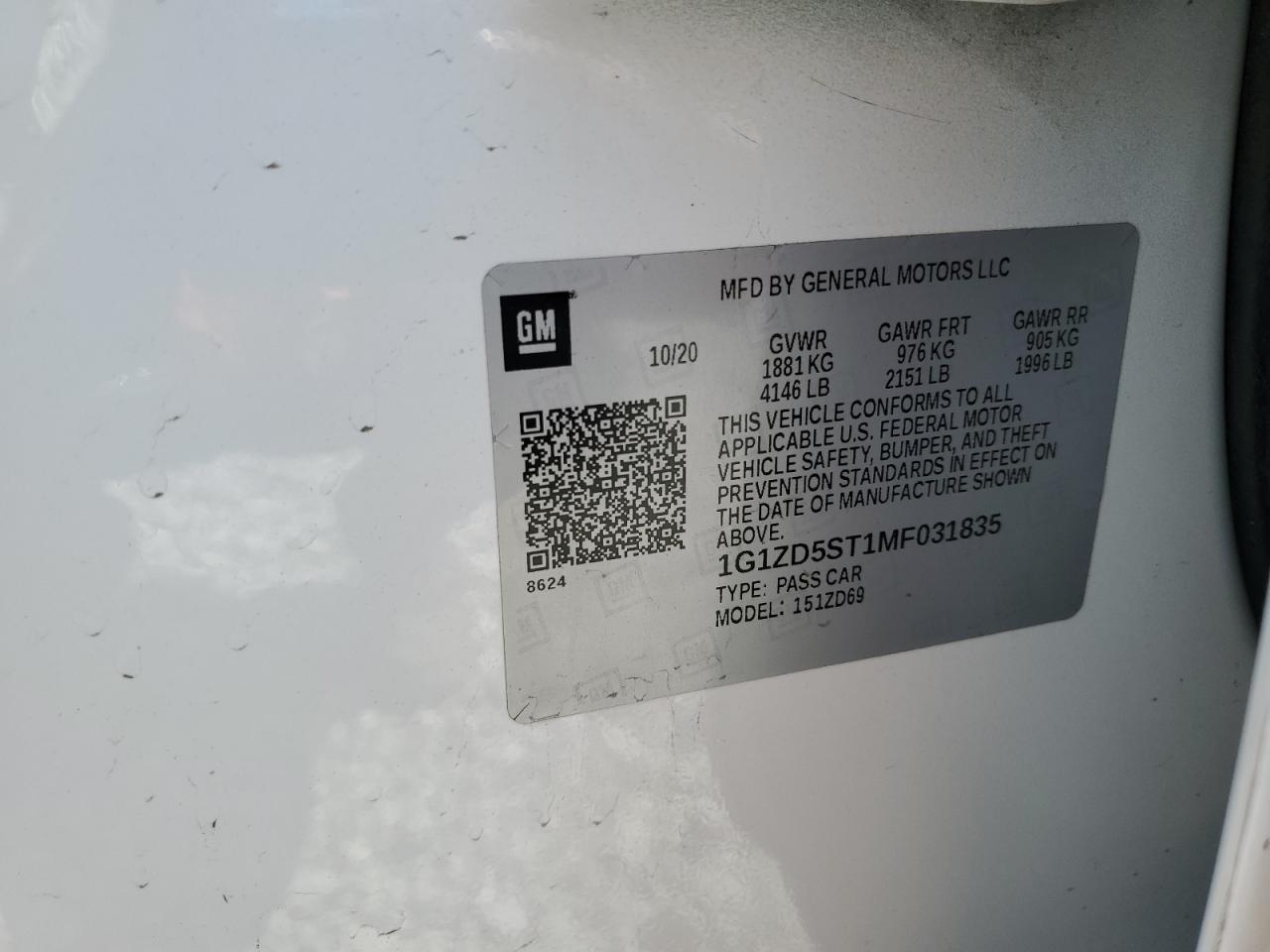 2021 Chevrolet Malibu Lt VIN: 1G1ZD5ST1MF031835 Lot: 80868875