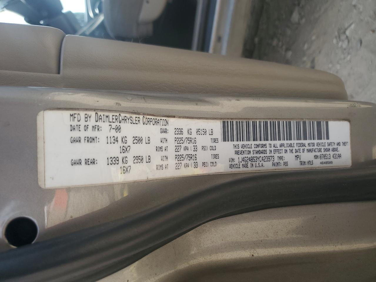 2000 Jeep Grand Cherokee Laredo VIN: 1J4G248S3YC423973 Lot: 72085005