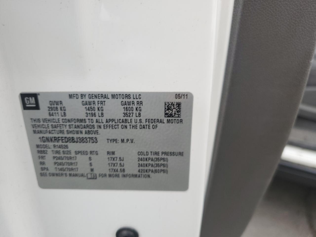 2011 Chevrolet Traverse Ls VIN: 1GNKRFED8BJ383753 Lot: 81519825