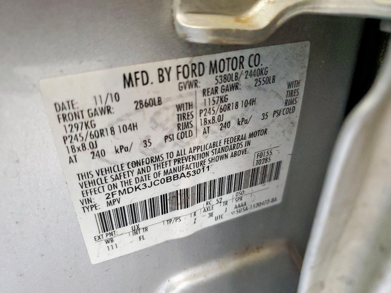 2011 Ford Edge Limited Awd VIN: 2FMDK3JC0BBA53011 Lot: 81070115