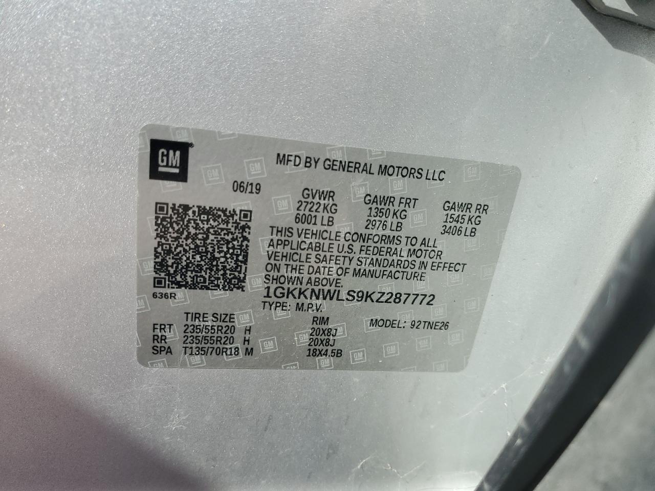 2019 GMC Acadia Slt-2 VIN: 1GKKNWLS9KZ287772 Lot: 71024995
