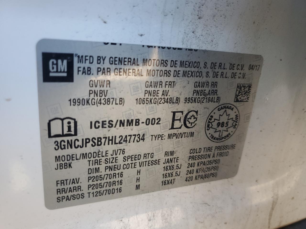 2017 Chevrolet Trax 1Lt VIN: 3GNCJPSB7HL247734 Lot: 80108785