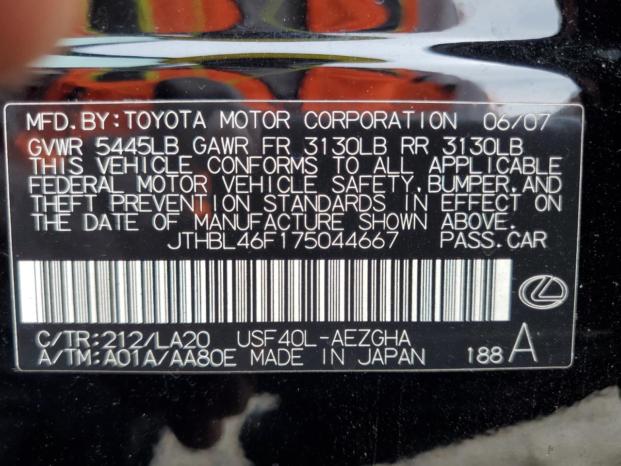 2007 Lexus Ls 460 VIN: JTHBL46F175044667 Lot: 83950355