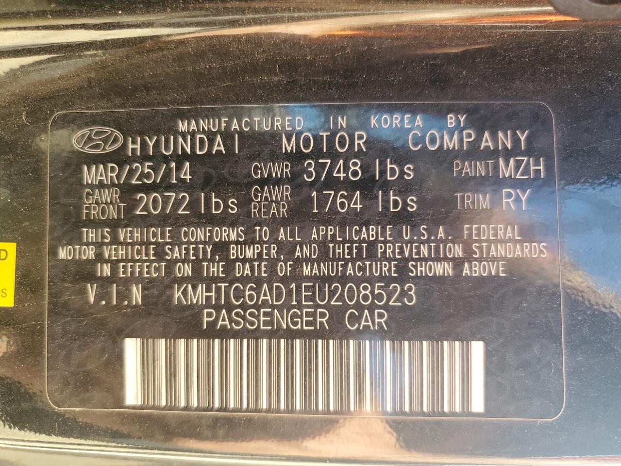 2014 Hyundai Veloster VIN: KMHTC6AD1EU208523 Lot: 70898015