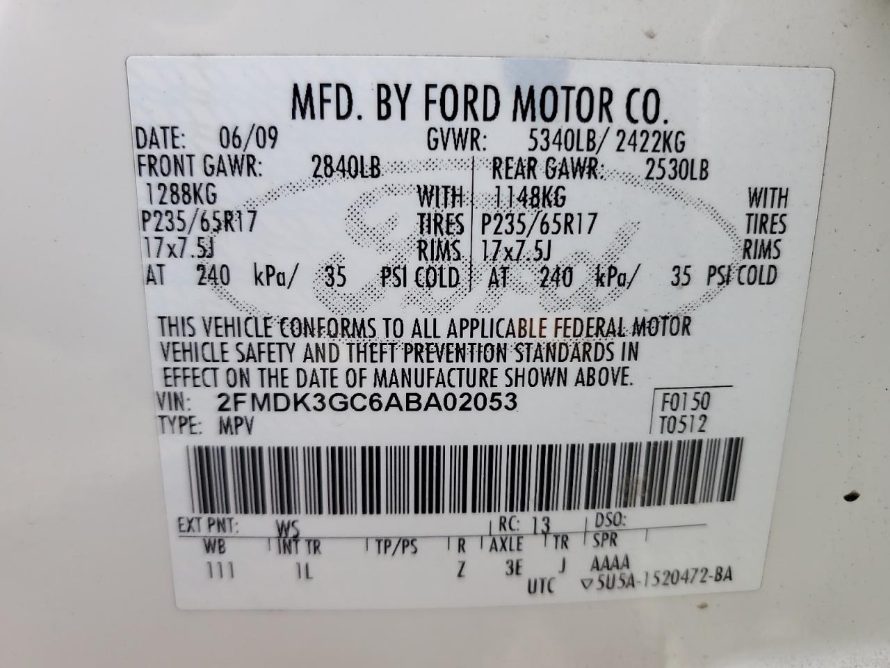 2010 Ford Edge Se VIN: 2FMDK3GC6ABA02053 Lot: 72009275