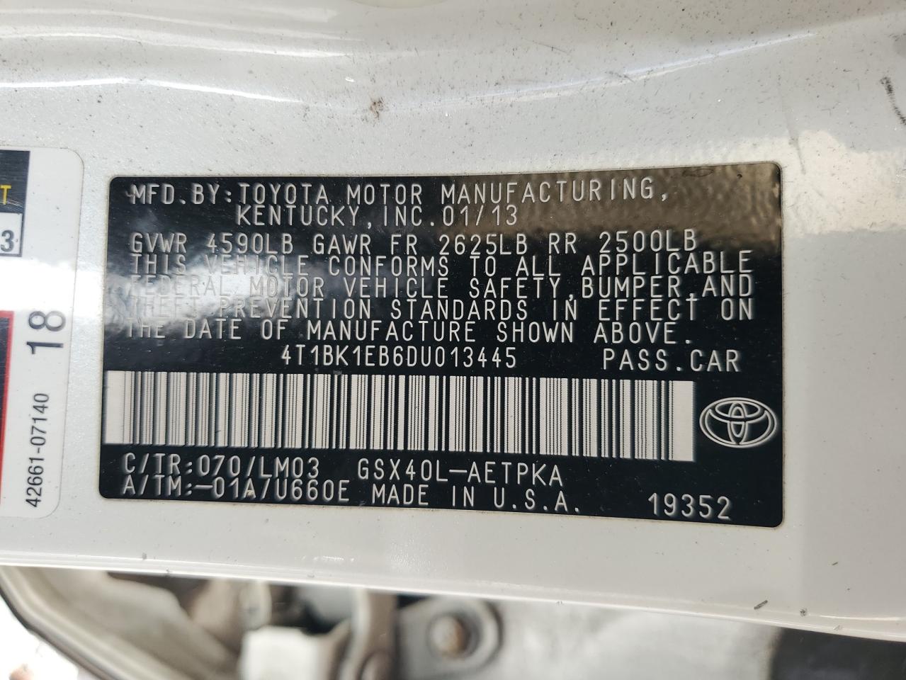 2013 Toyota Avalon Base VIN: 4T1BK1EB6DU013445 Lot: 81850485