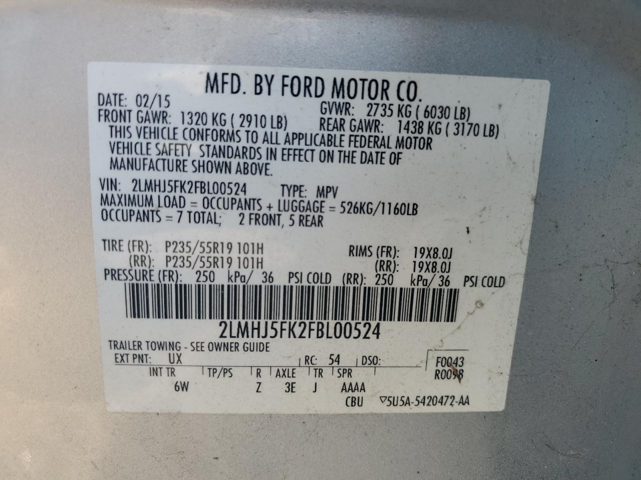 2015 Lincoln Mkt VIN: 2LMHJ5FK2FBL00524 Lot: 69981715