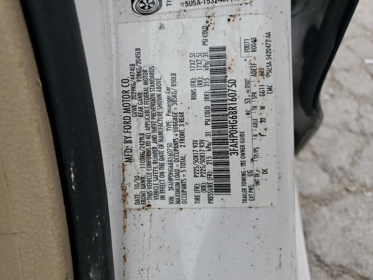 2011 Ford Fusion Se VIN: 3FAHP0HG6BR160750 Lot: 70587955