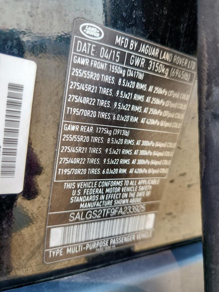 2015 Land Rover Range Rover Supercharged VIN: SALGS2TF9FA233925 Lot: 81287105