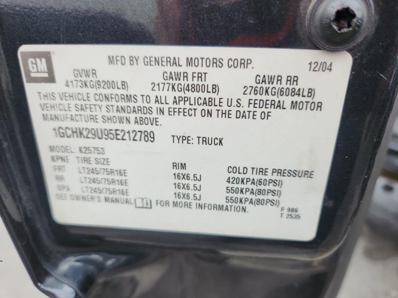 2005 Chevrolet Silverado K2500 Heavy Duty VIN: 1GCHK29U95E212789 Lot: 84048125