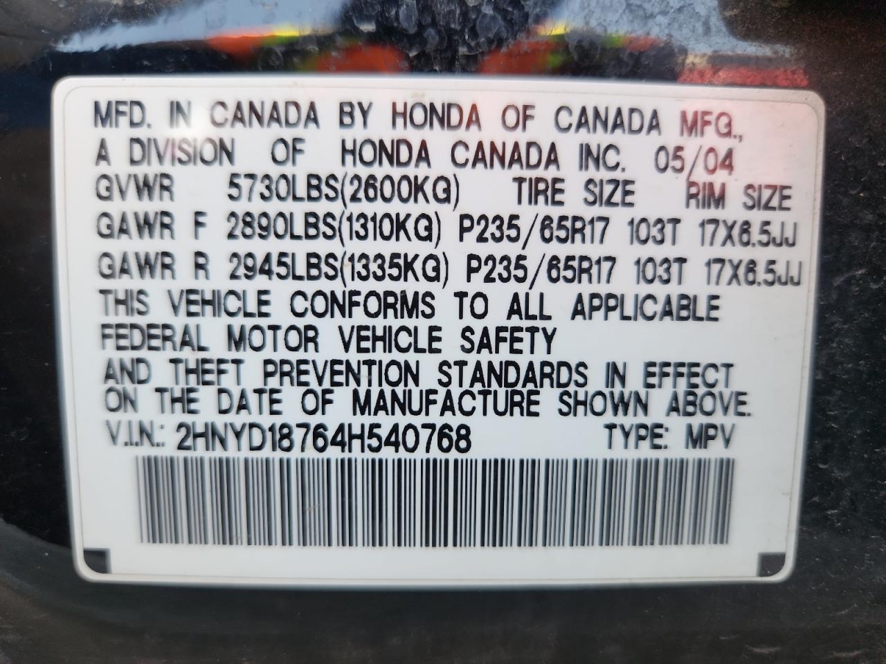 2004 Acura Mdx Touring VIN: 2HNYD18764H540768 Lot: 71504365